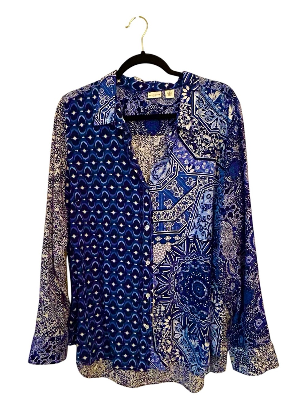 Westbound Blue Cotton Blend Mixed-Print Blue Button-Up Women's Blouse Size 1X
